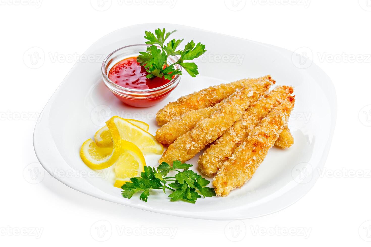 Fried nuggets of chicken breast with sauce photo