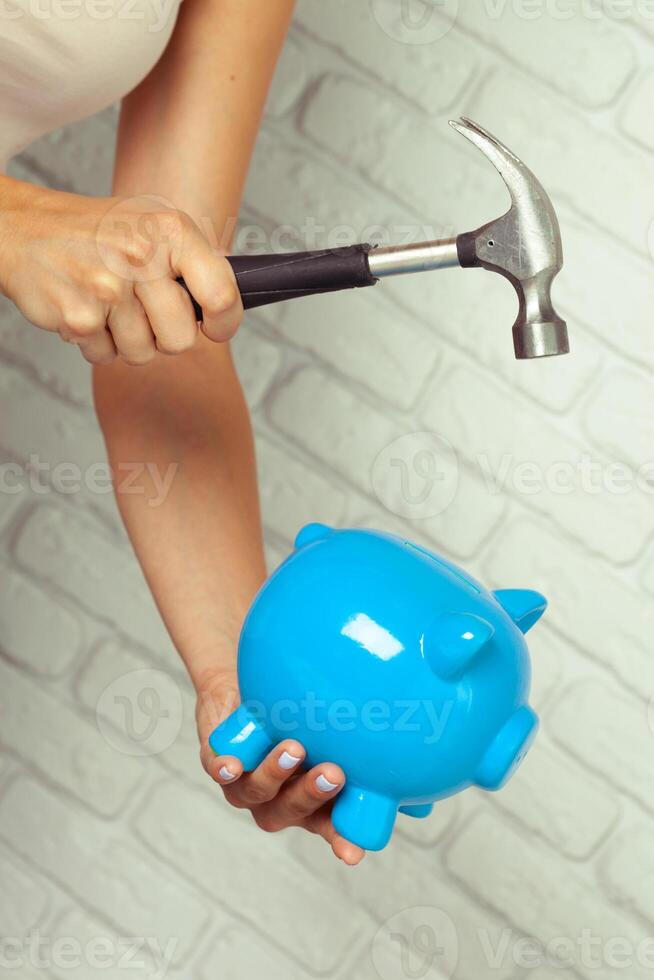 Blue piggy bank or money box photo
