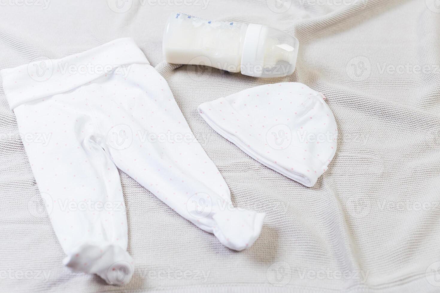 set of fashion trendy clothes and kids stuff for little baby girl photo