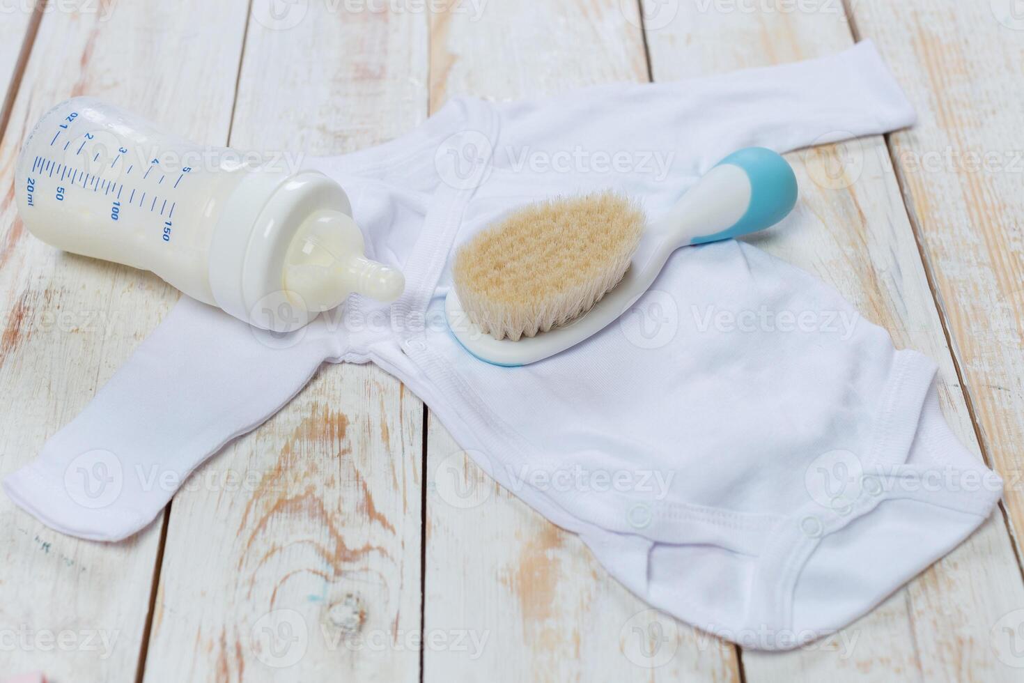set of fashion trendy clothes and kids stuff for little baby girl photo