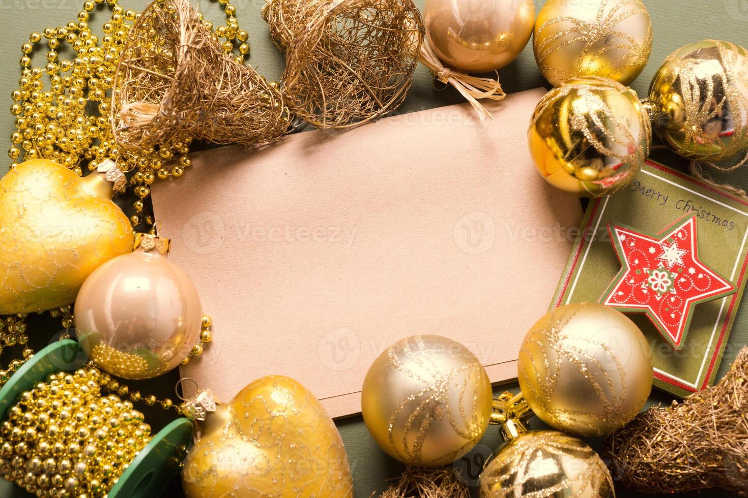 Greeting card mock up with christmas ornaments photo