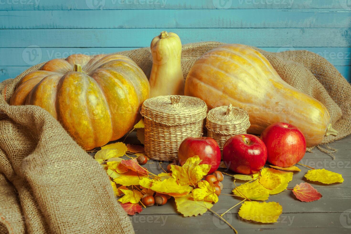pumpkins on wooden board photo