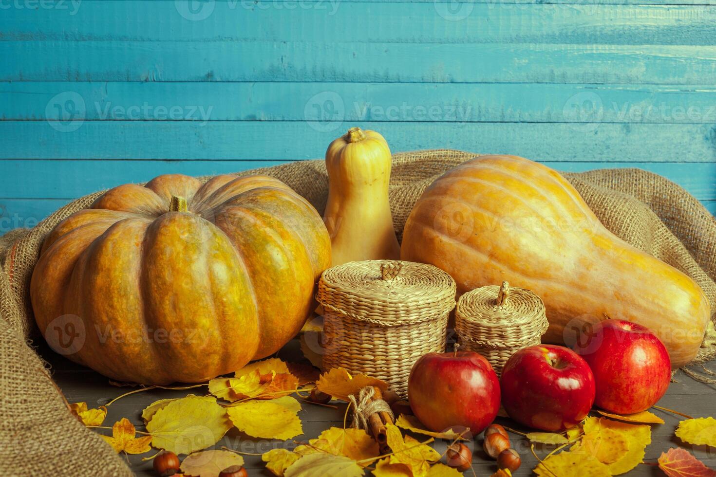 pumpkins on wooden board photo