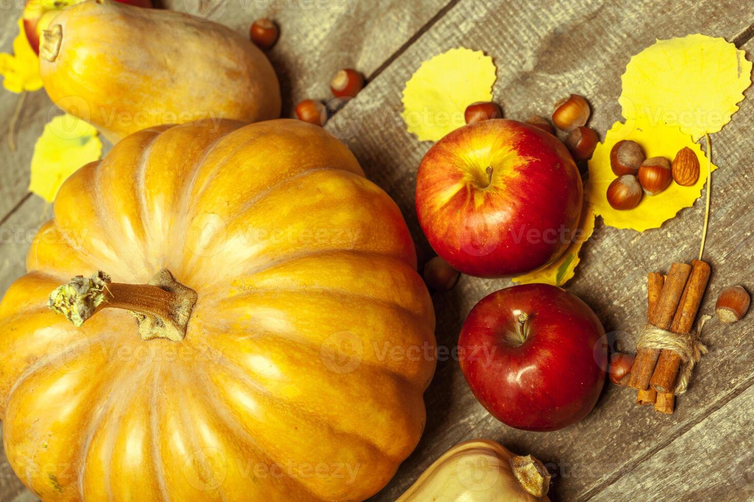 pumpkins on wooden board photo