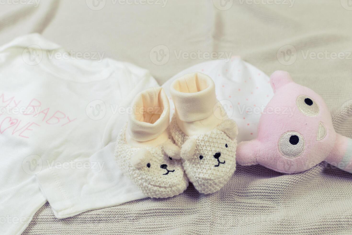 set of fashion trendy clothes and kids stuff for little baby girl photo