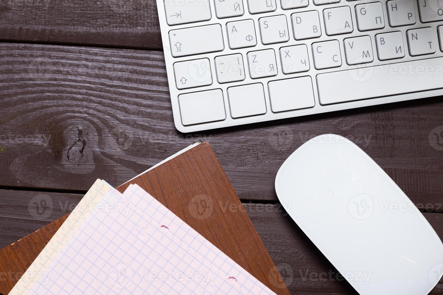 Working place on wooden table photo