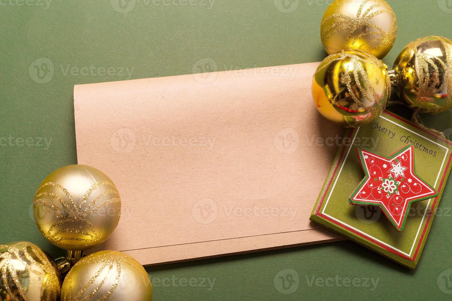 Greeting card mock up with christmas ornaments photo
