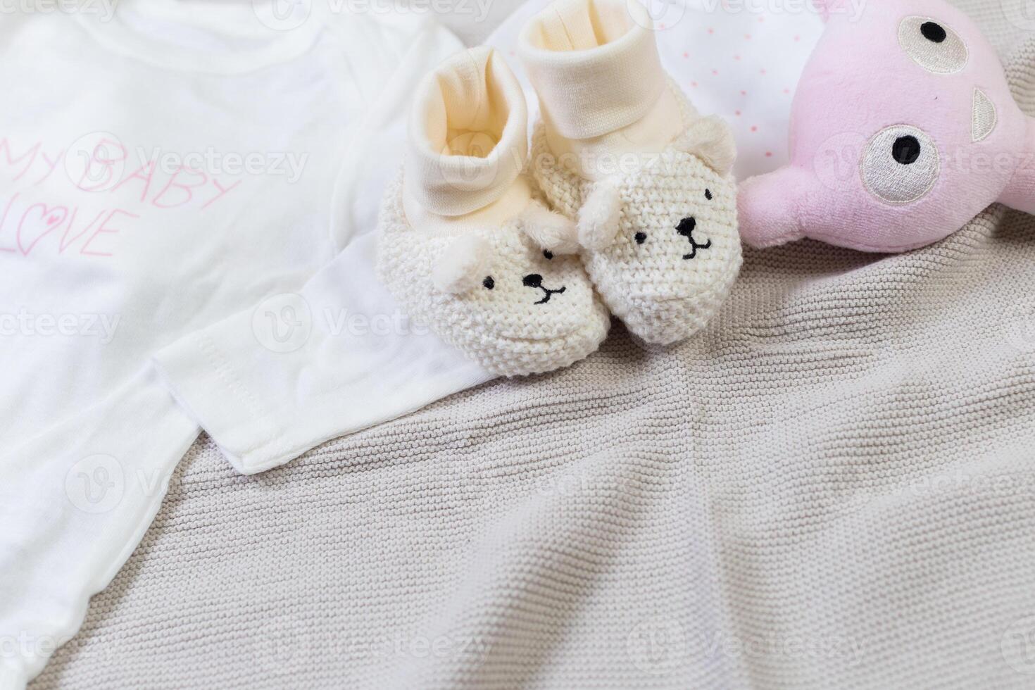 set of fashion trendy clothes and kids stuff for little baby girl photo