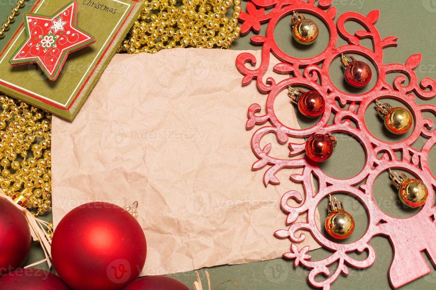 Greeting card mock up with christmas ornaments photo