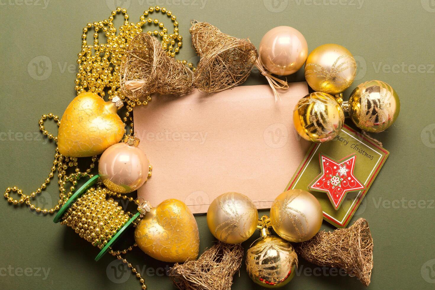 Greeting card mock up with christmas ornaments photo