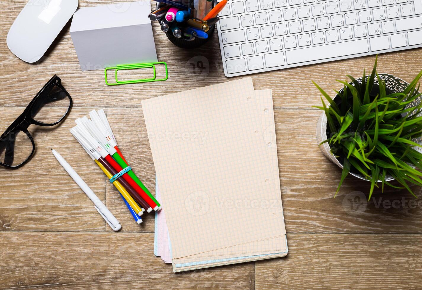 Working place on wooden table photo