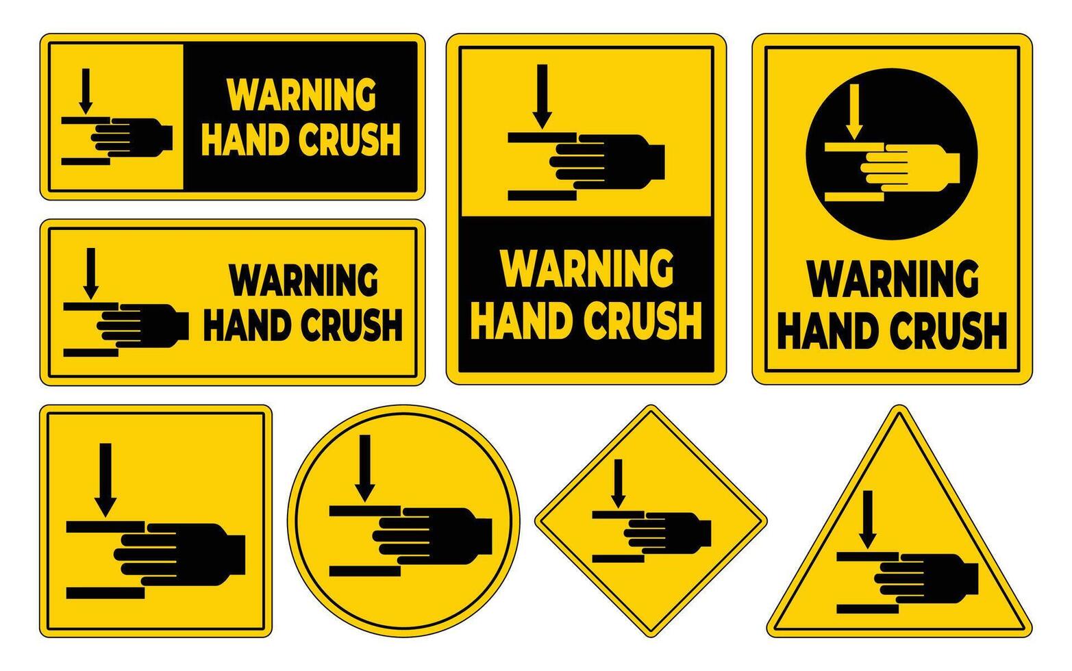 Warning Signs for Hand Crush Hazards in Yellow vector