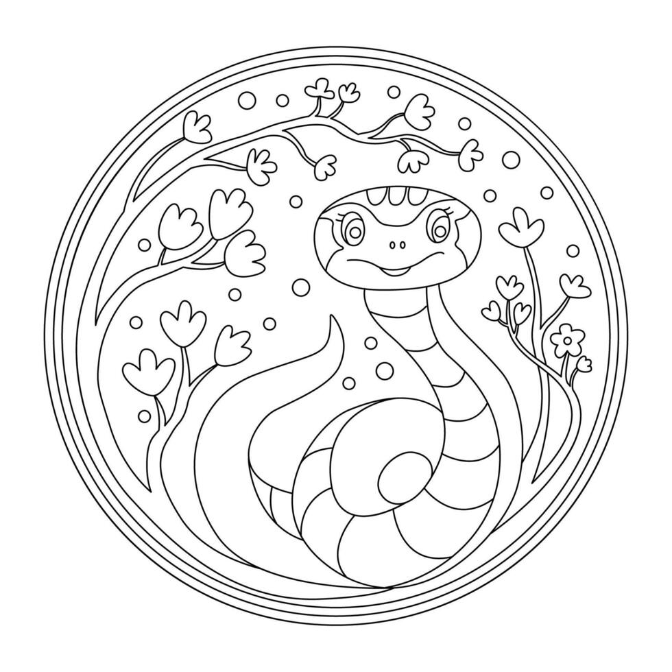 Symbol of the Chinese Oriental New Year smiling friendly snake among the branches of cherry blossoms. Doodle hand drawn illustration. Great ornament for coloring. vector