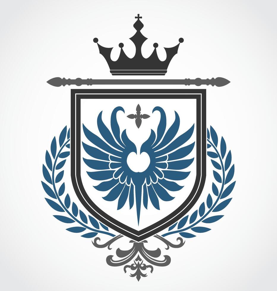 heraldry symbol with crown wings and laurel wreath blue gray color logo vector