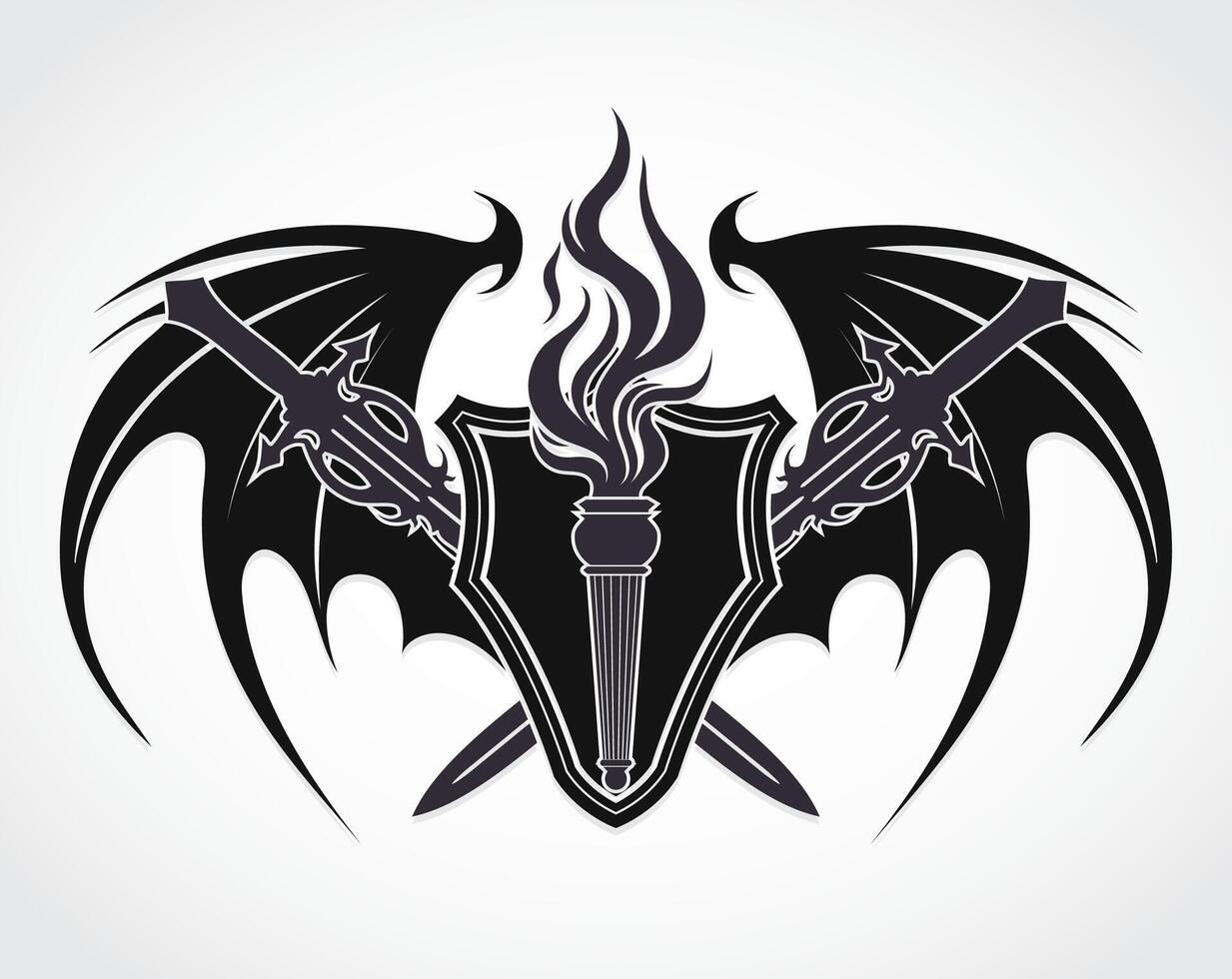 torch with crossed swords with wings dark heraldry logo design vector