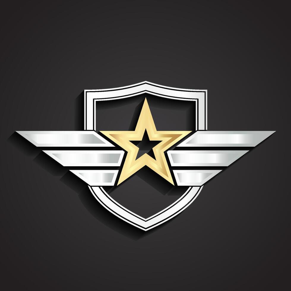 3d golden military star symbol with silver shield and wings vector