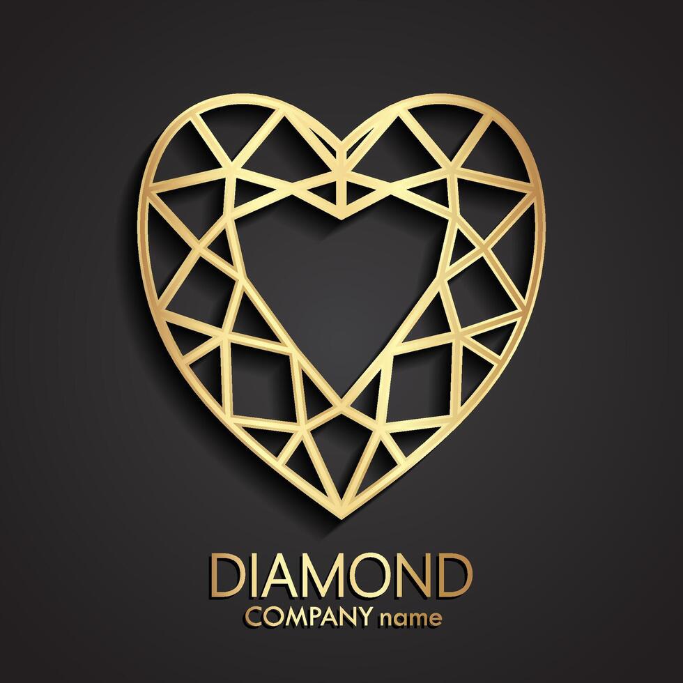 3d heart diamond shape gold logo vector