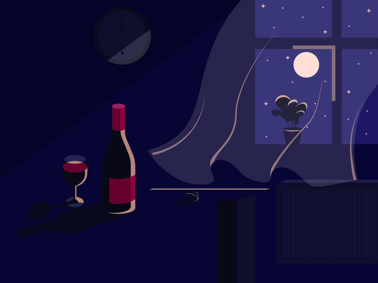 Interior of a night room, window with curtain, moon and bottle of wine vector