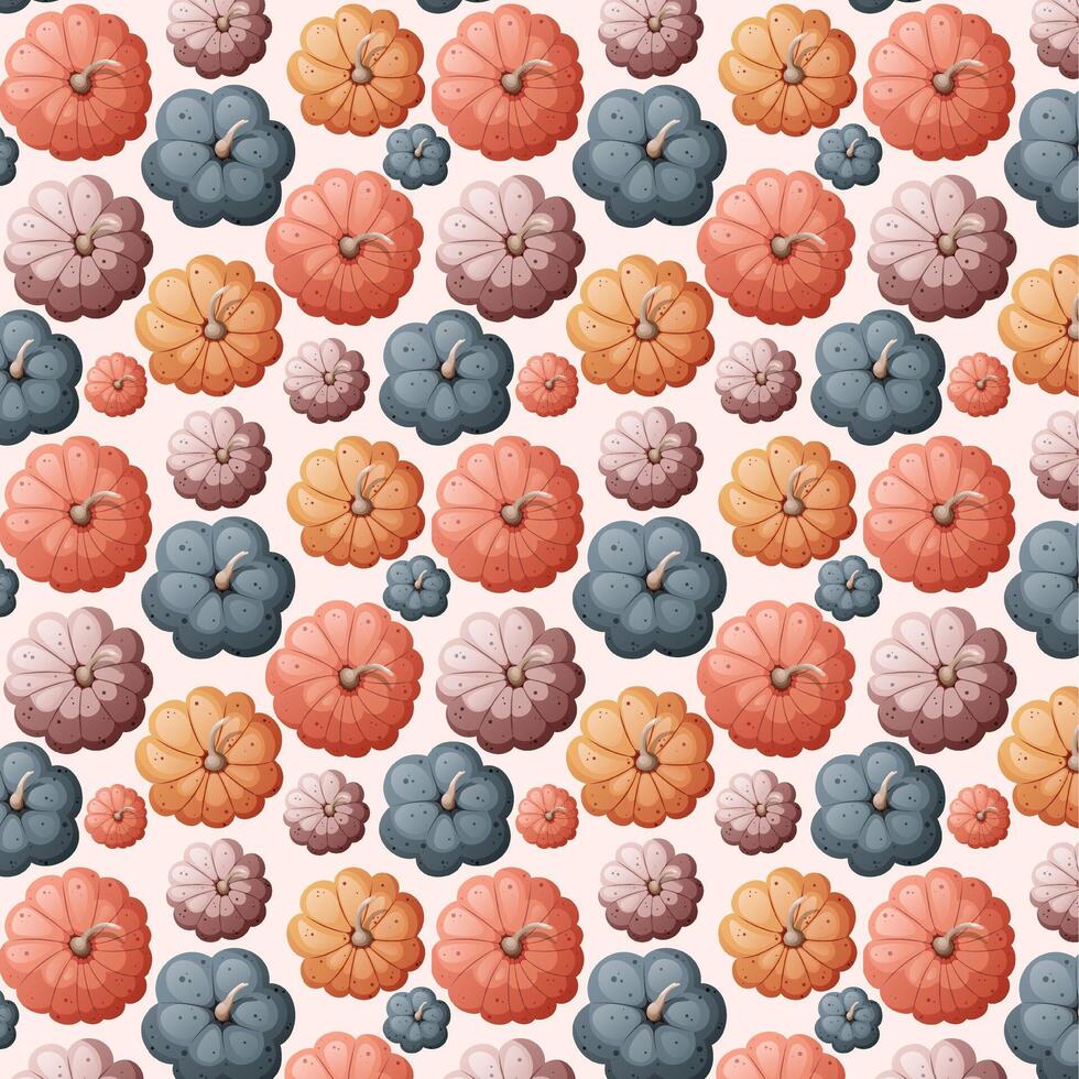 Seamless pattern featuring pumpkins of various shapes, sizes, and colors. illustration for autumn-themed designs, Halloween decorations, Thanksgiving invitations, and seasonal packaging. vector