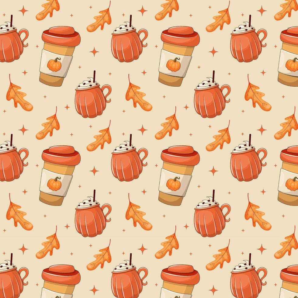 Seamless pattern featuring pumpkin spice latte in paper cups and mugs, adorned with autumn leaves and twinkling stars. illustration for seasonal designs, cozy fall themes, and festive packaging vector