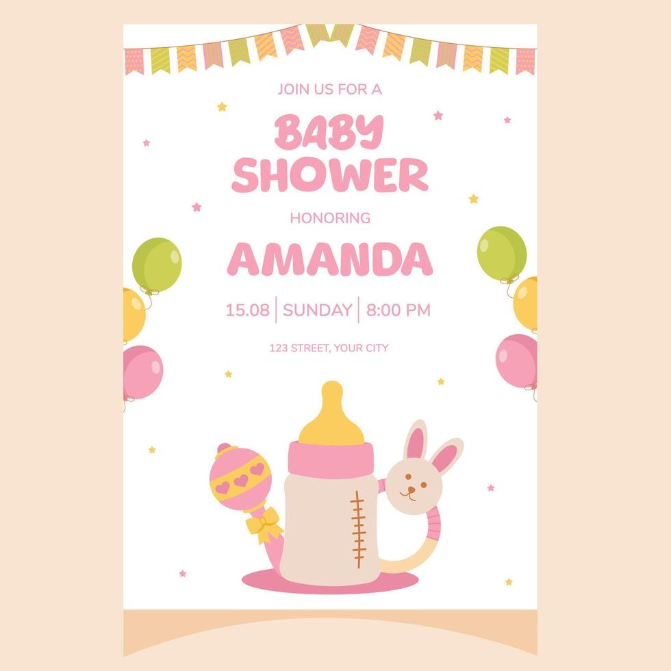 Baby shower party invitation. It's a girl. Invitation with rattle, feeding bottle, teether. Template for party invitation, poster, greeting card. vector