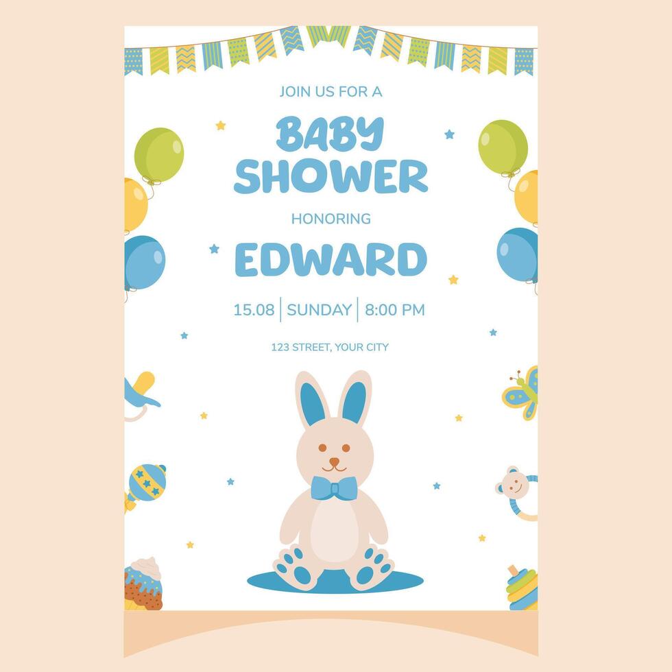 Baby shower party invitation. It's a boy. Invitation with baby bunny. Template for party invitation, poster, greeting card. vector