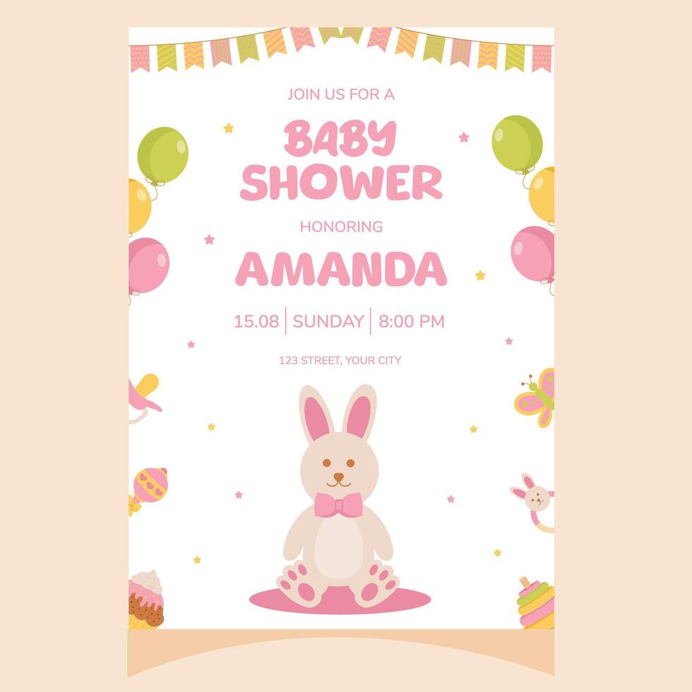 Baby shower party invitation. It's a girl. Invitation with baby bunny. Template for party invitation, poster, greeting card. vector