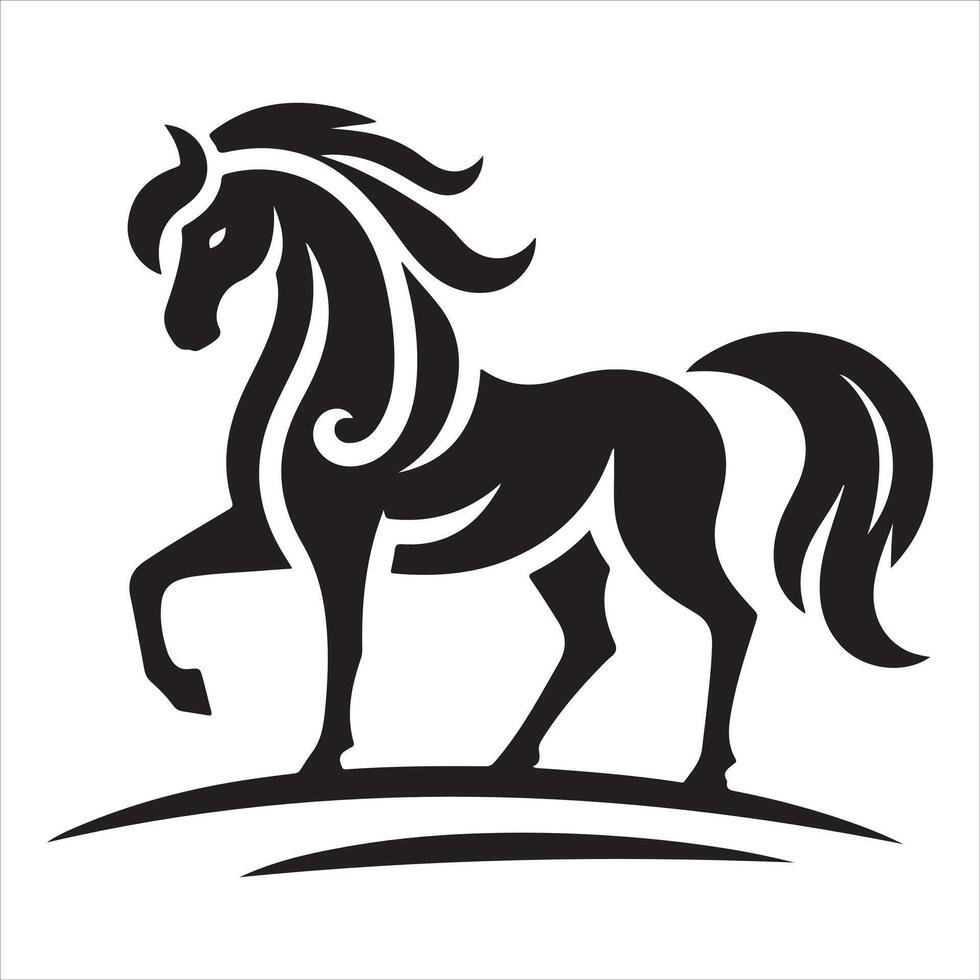 An illustration of a horse with a mane and tail in black and white vector