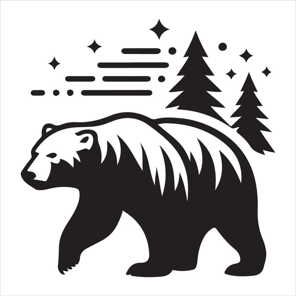 A black and white drawing of a bear in the woods vector