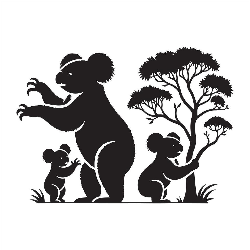 Illustrator art set of a black koala silhouette with a white backdrop vector