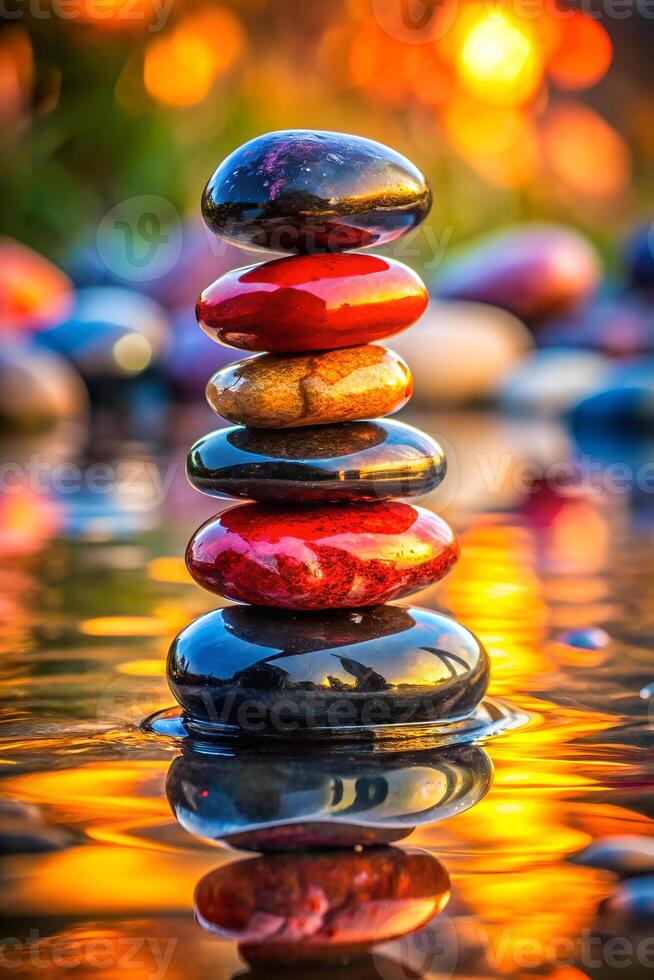 Balanced Stack of Stones on Water Reflection photo
