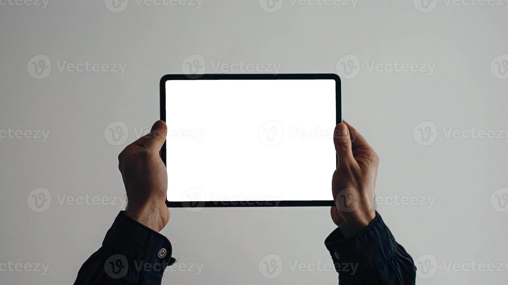 Tablet PC mockup template in persons hand. First person view photo