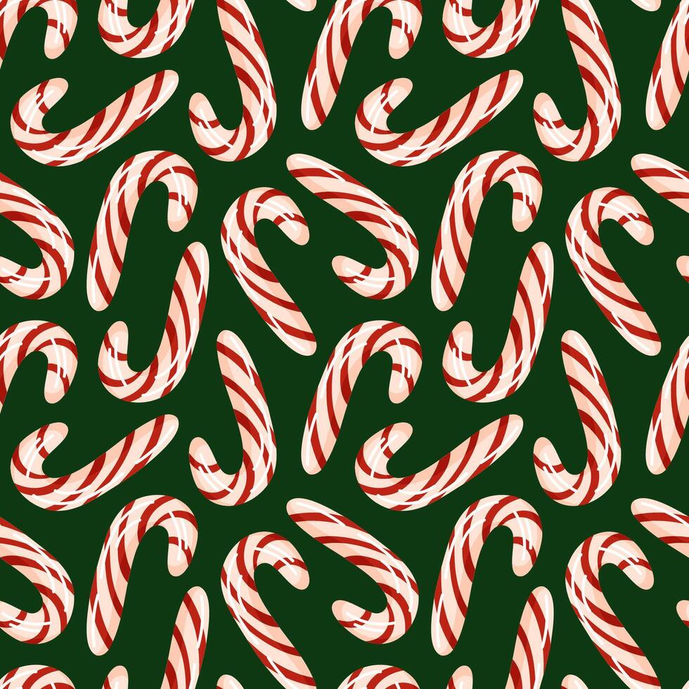Seamless pattern with red and white striped candy cane on a green background. Ideal for Christmas design, holiday wrapping paper or festive decorations. vector