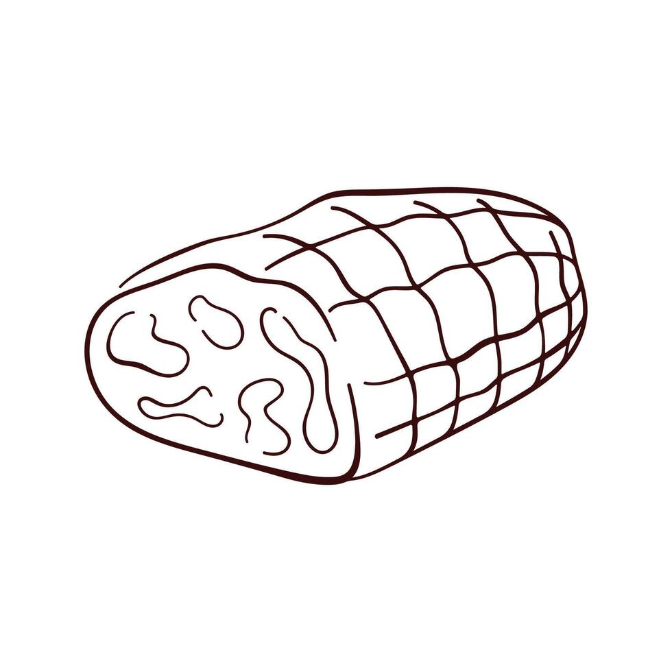 Sliced meat roll of ham in a net in line art style. Ideal design for butcher shop, restaurant menu, food packaging, and culinary theme. vector