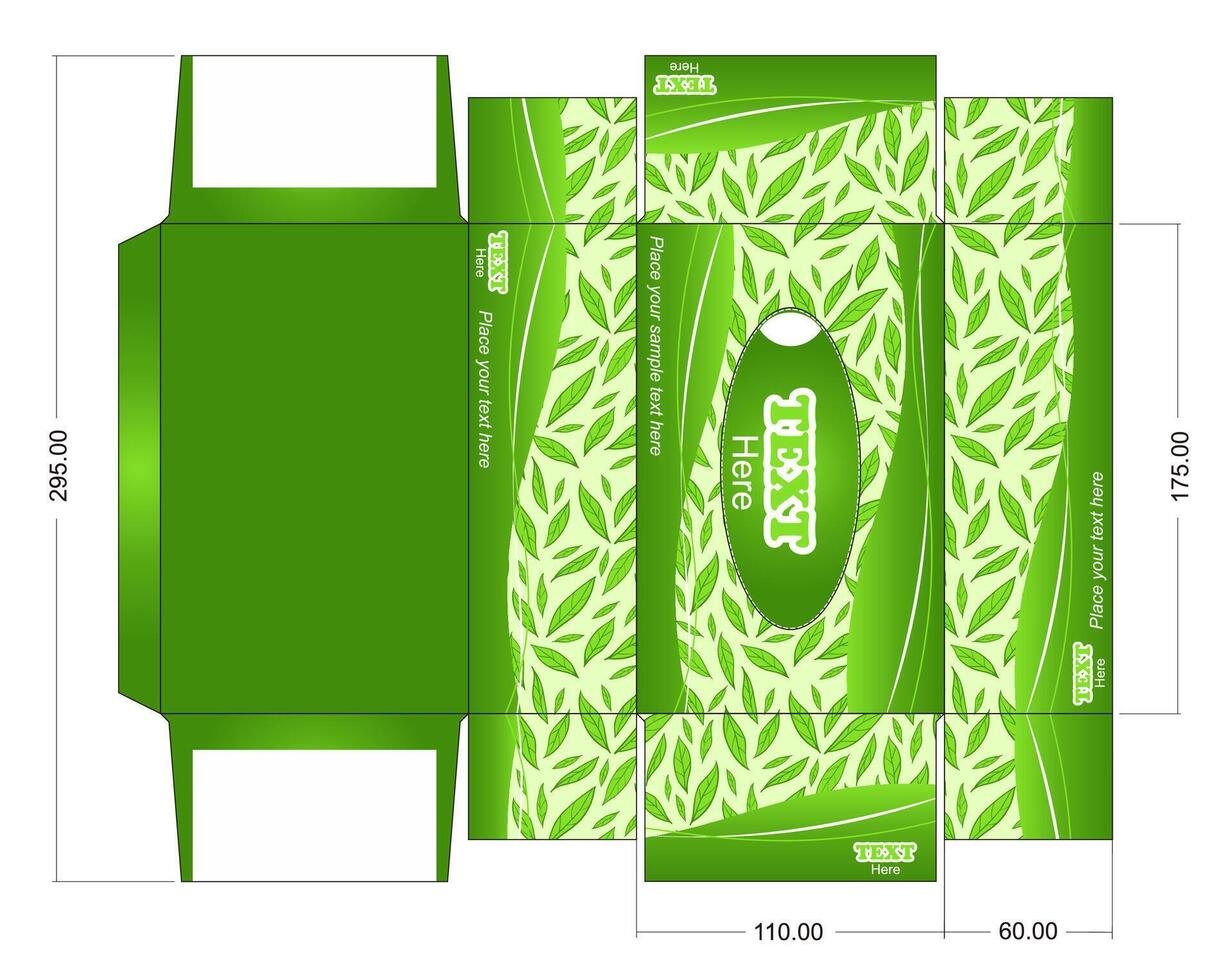 Design of green package for napkins with leaves. Tissues box template vector