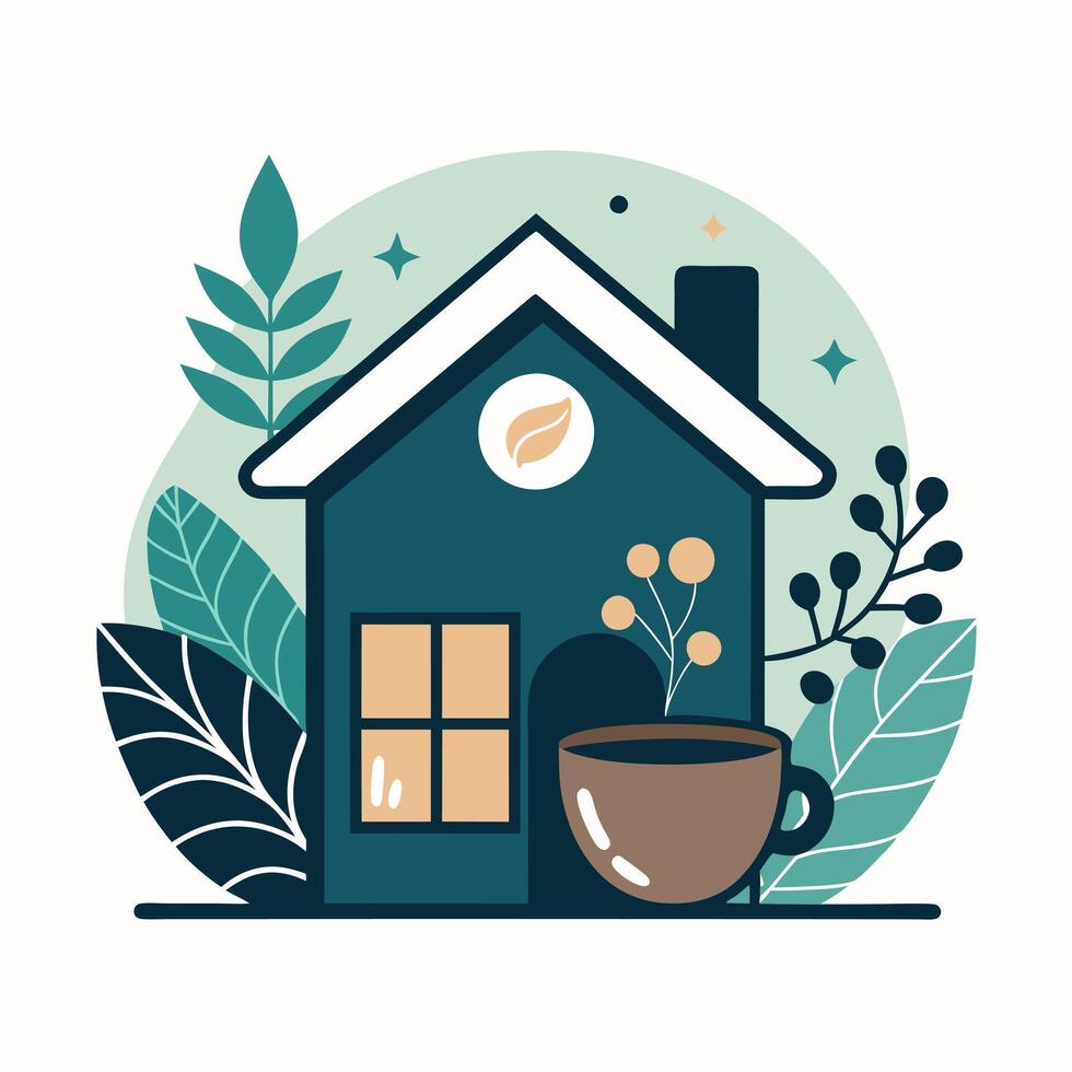 House with coffee cup and plants on the front vector