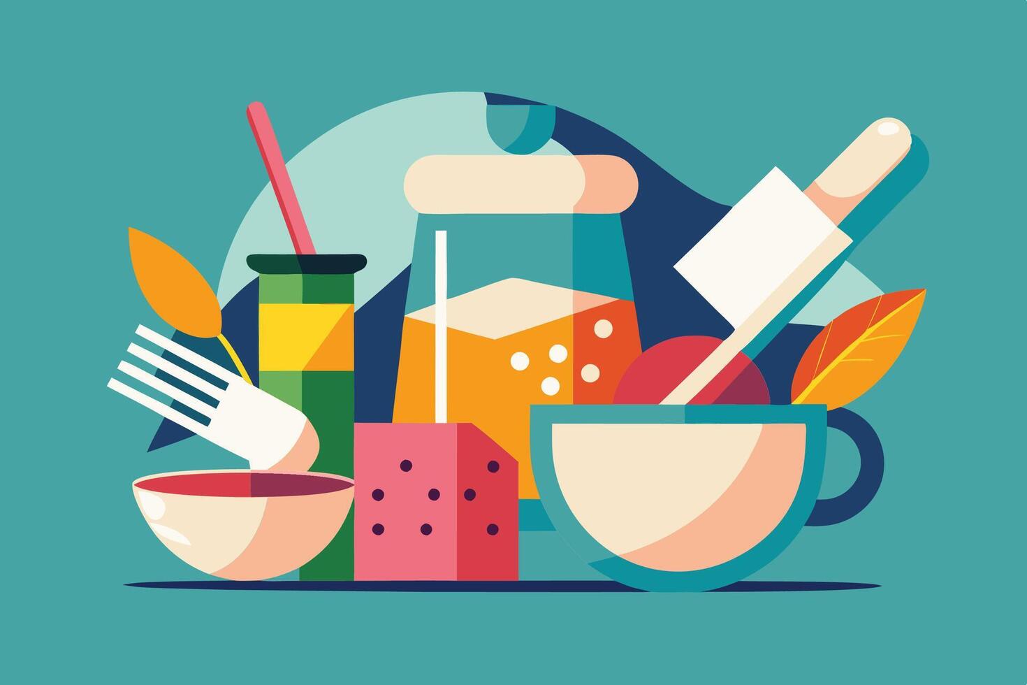Kitchen utensils and food items on a blue background vector