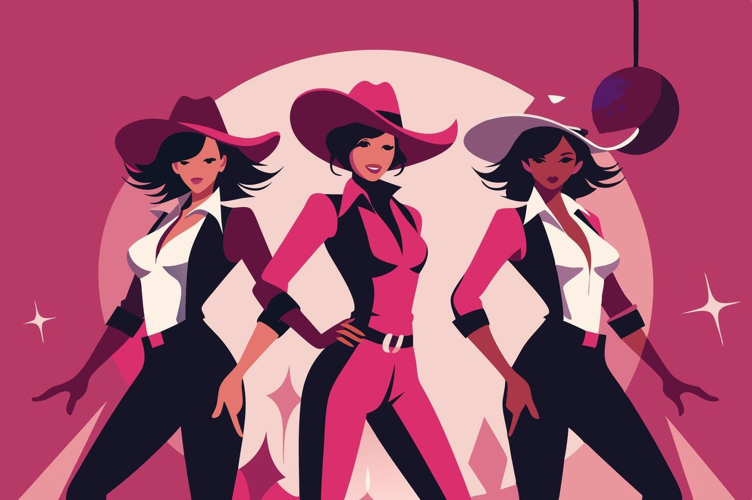 Three women in cowboy outfits standing in front of a pink background vector