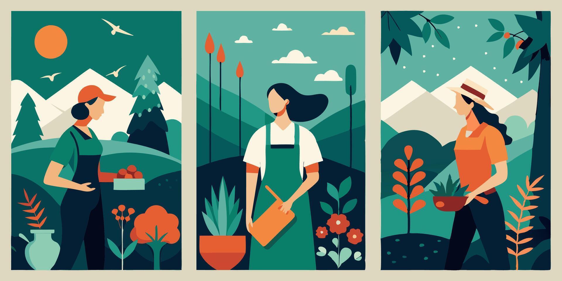 Three different illustrations of people working in the garden vector