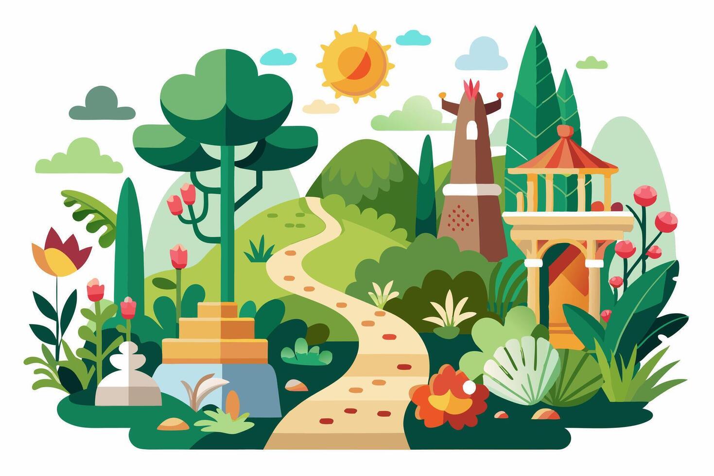An illustration of a garden with a path and trees vector