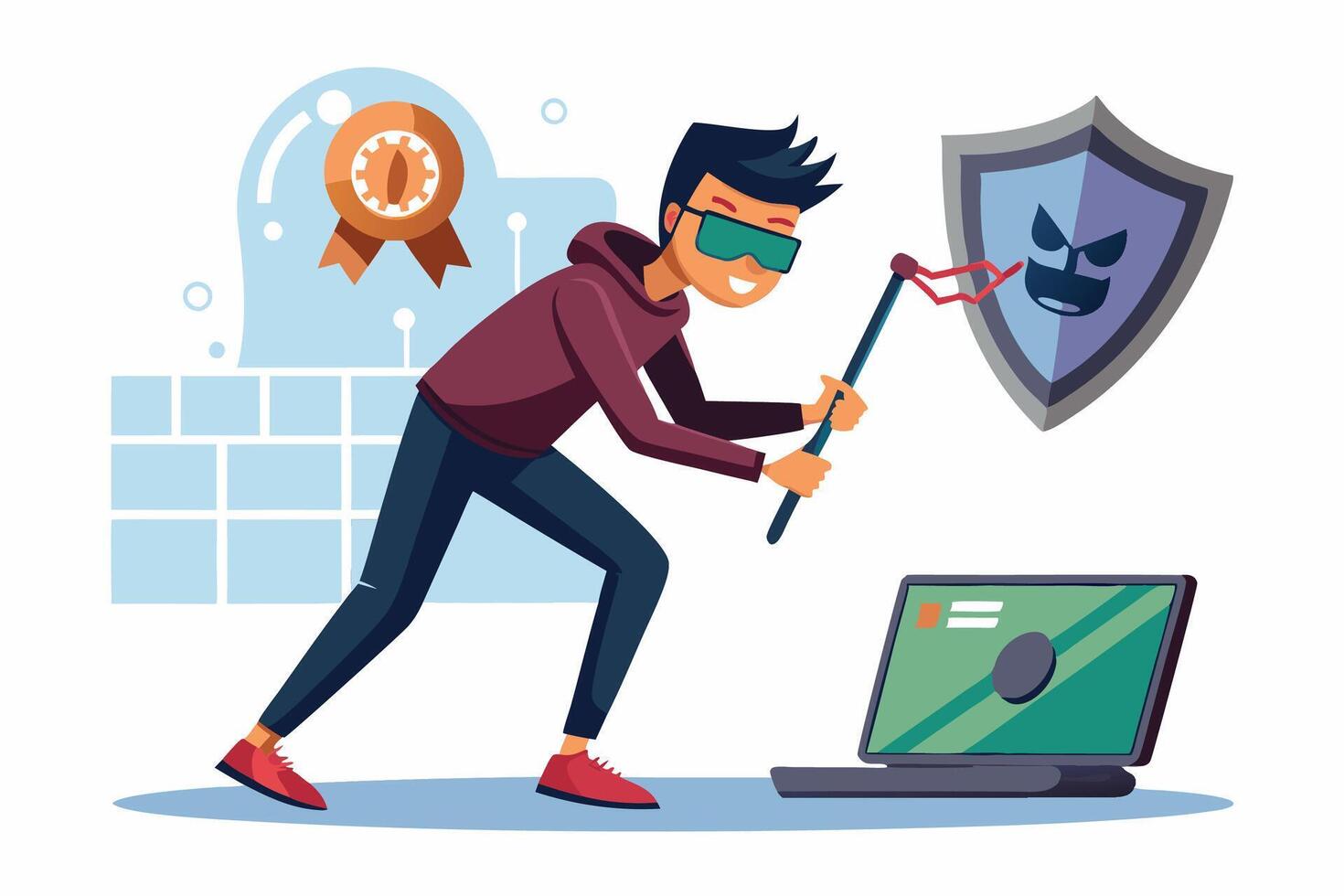 A man with a laptop and a shield vector