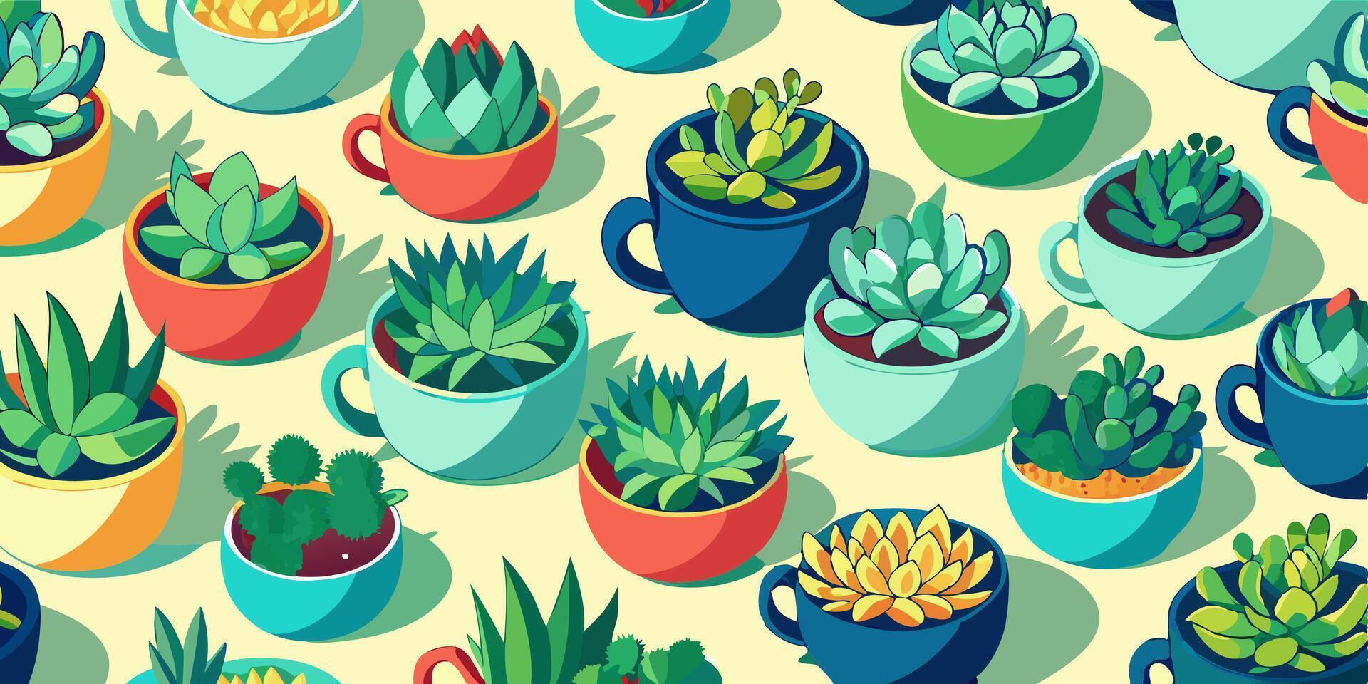 Succulent plants in cups on a yellow background vector