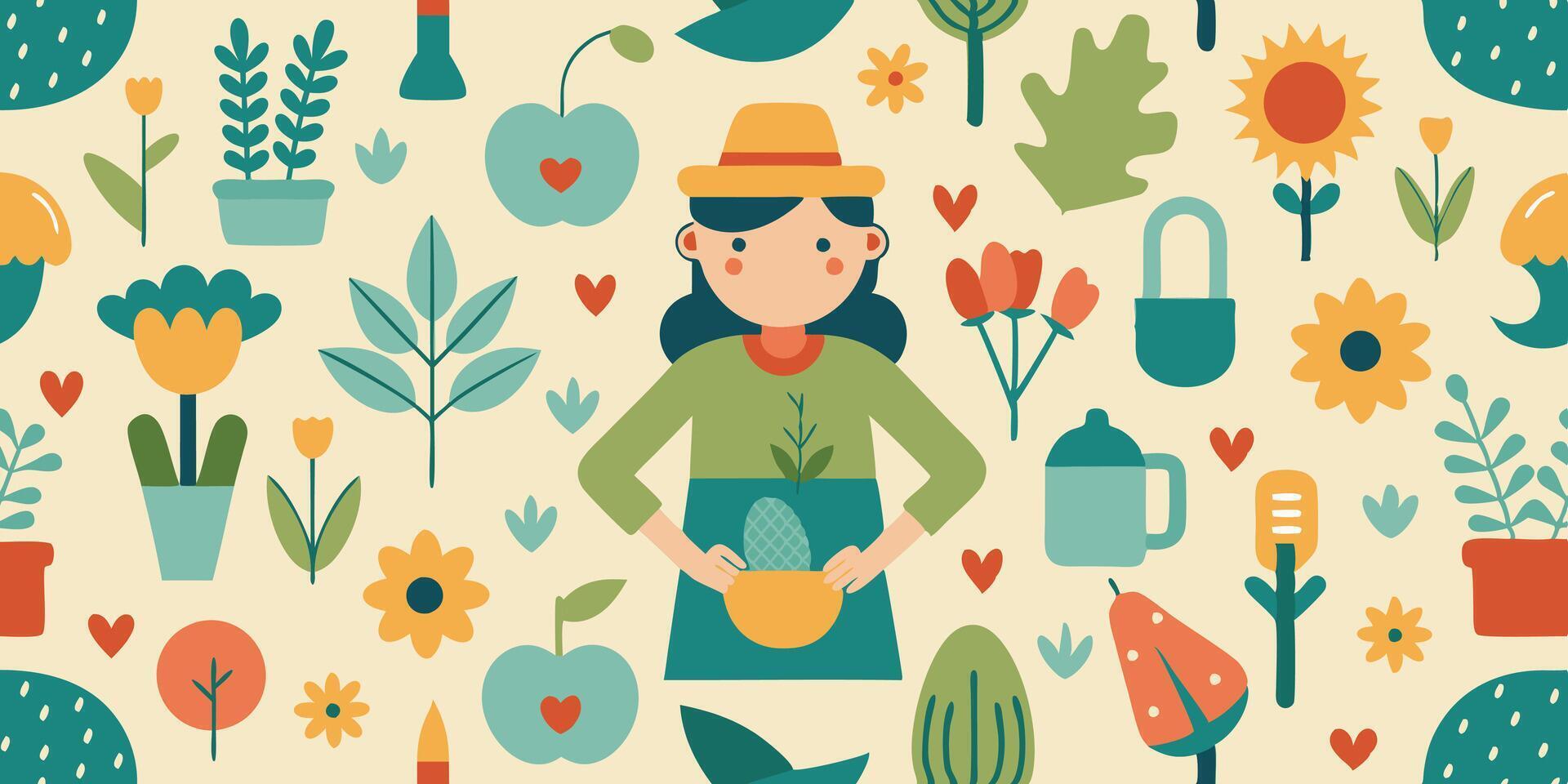 A woman is holding a plant in her hand and surrounded by plants vector