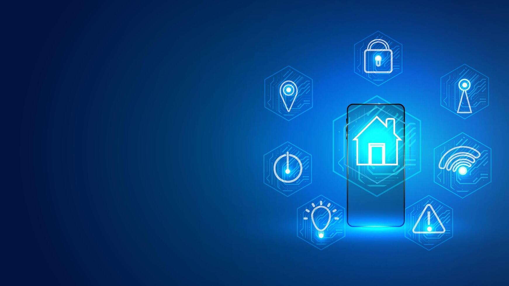Smart home concepts. Automation technology with icon house monitoring system. Blue lights background vector