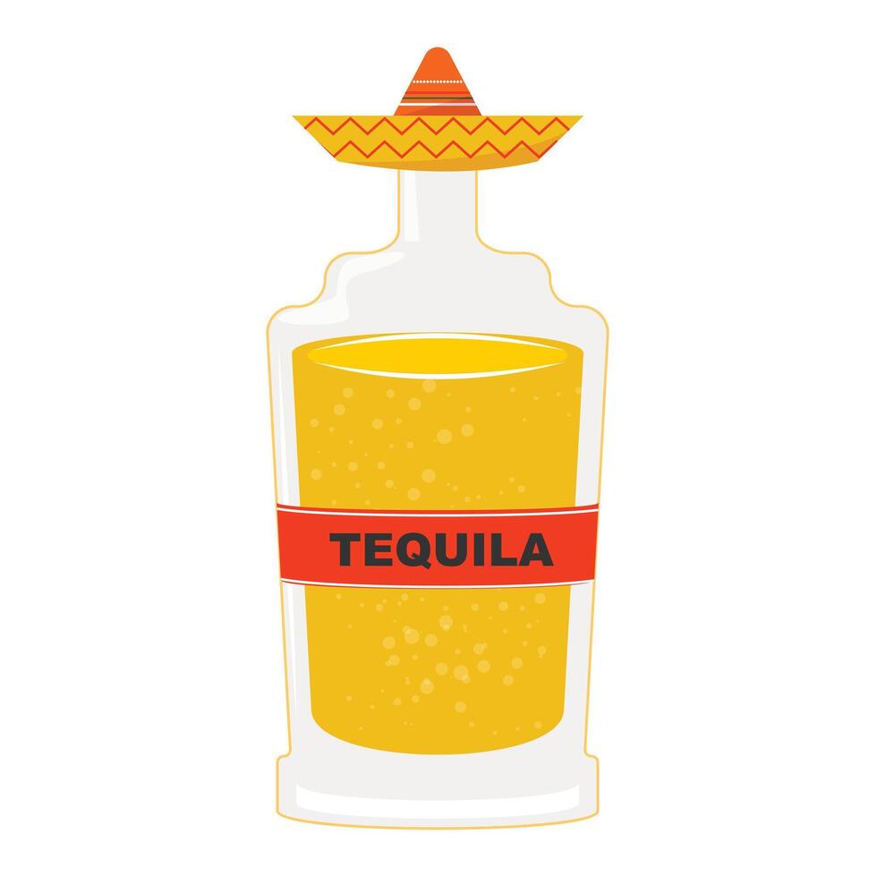 Mexican style tequila bottle adorned with a sombrero hat on top, vibrant celebration vector