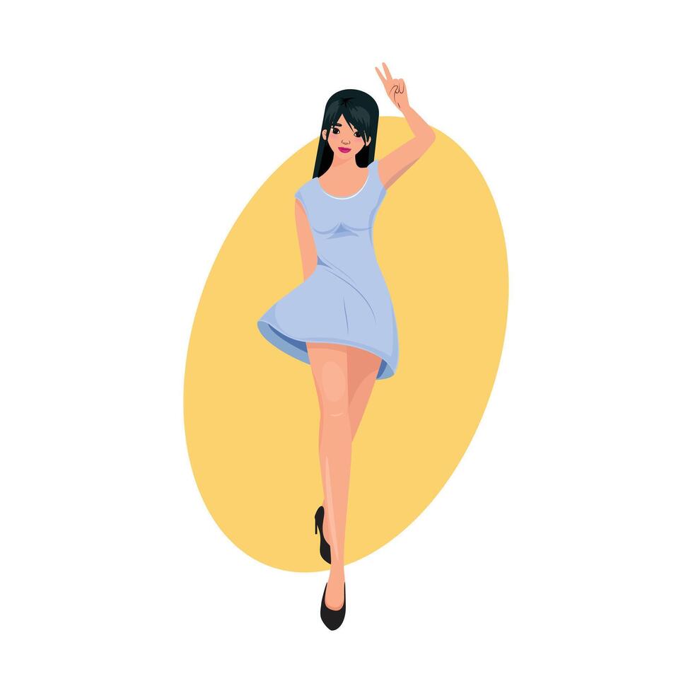 Young woman in a stylish blue dress, making a peace gesture while walking happily vector