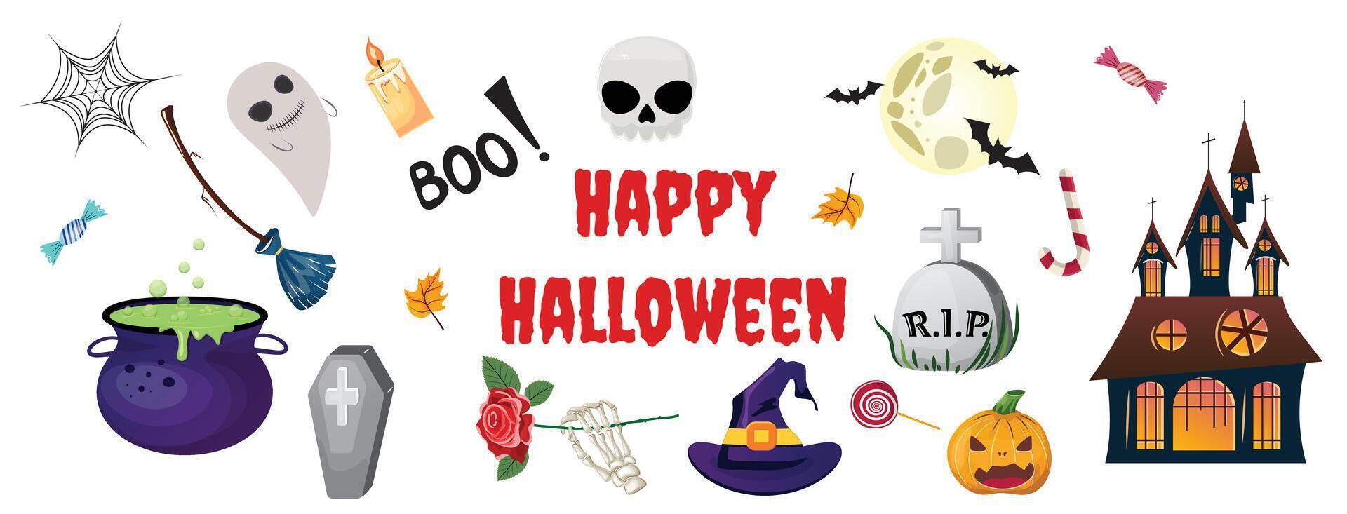 Halloween themed collection featuring a broom, cauldron, spider net, skull, spooky decorations vector
