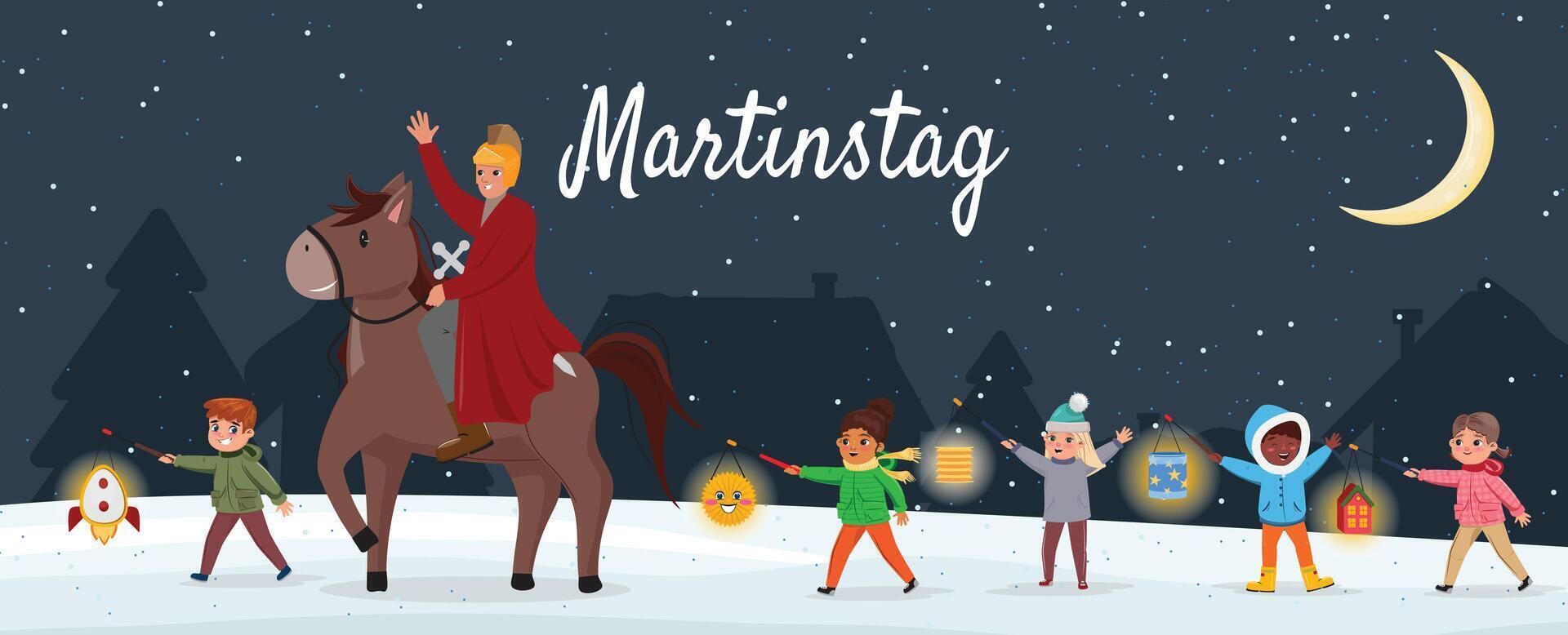 St. Martins Day scene with kids carrying lanterns, rider in red coat with sword, snowy night vector