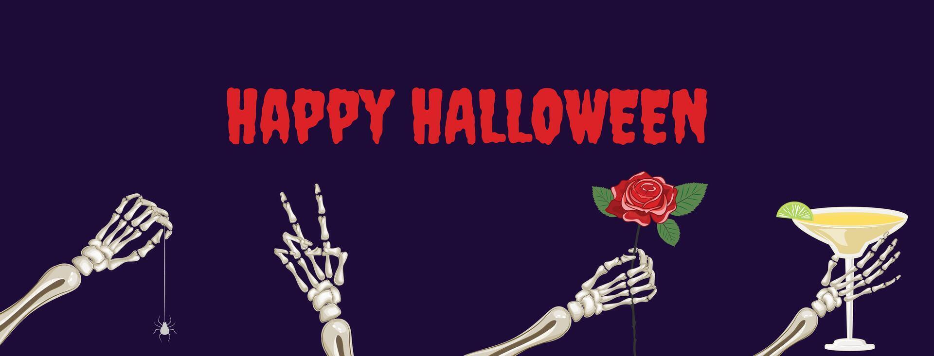 Long Halloween banner with skeleton hands displaying a spider, drink, rose and peace sign gesture vector