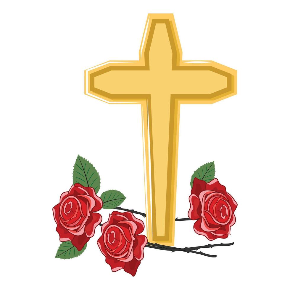 Elegant religious cross with red roses placed at the bottom, representing devotion vector
